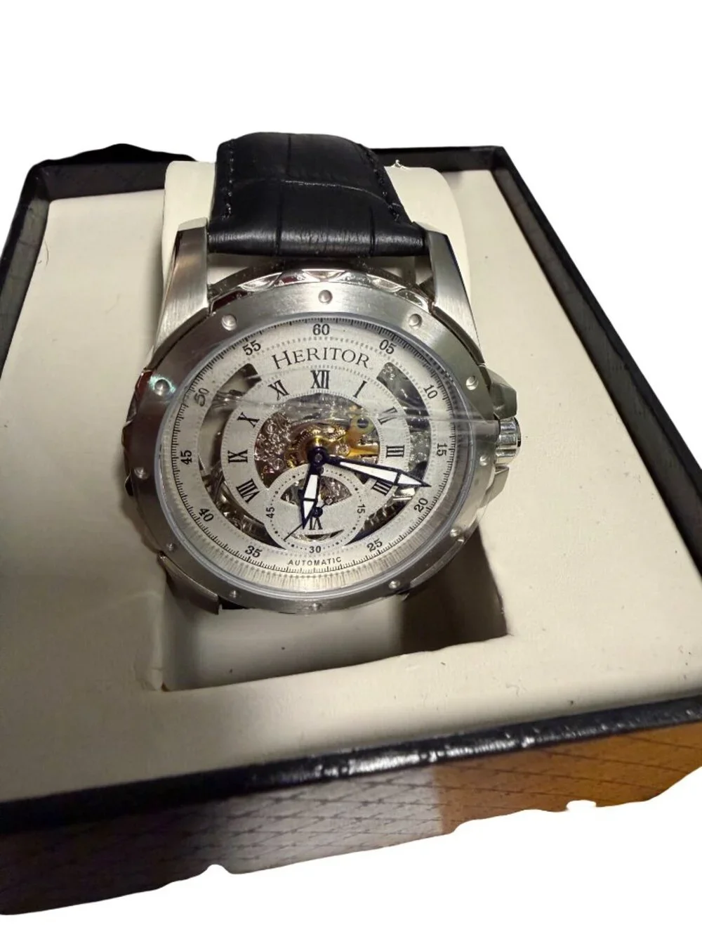 Heritor Automatic Skeleton Watch With Black Leather Strap Stainless Steel Case &